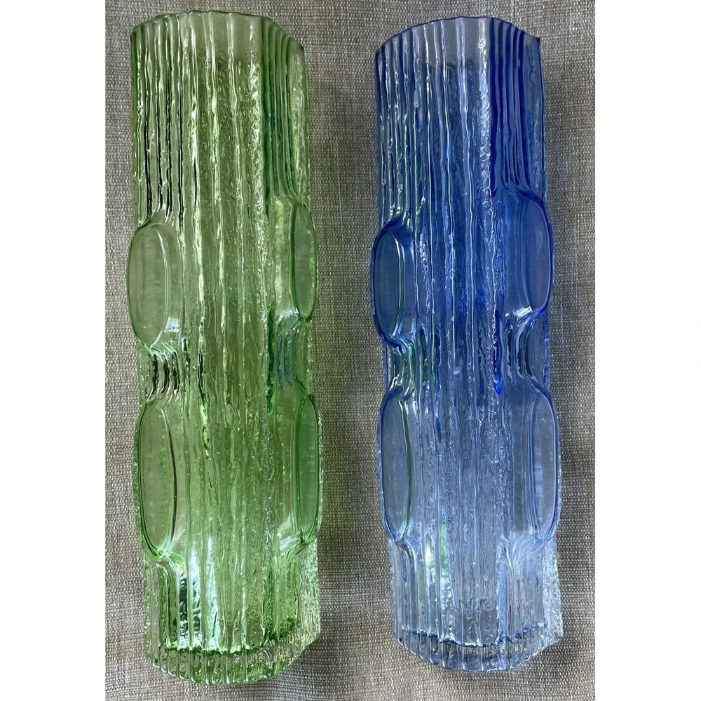 Vintage Art Glass Vases Blue Green Textured Mid Century Style Pair Bark Pattern